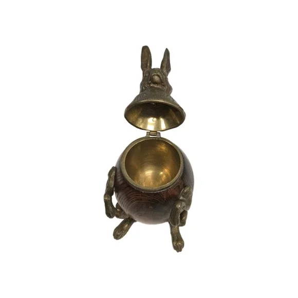 RABBIT TRINKET BOX VINTAGE ARTHUR COURT BRASS BRONZE WOOD DECOR Inkwell FIGURE - Picture 8 of 10
